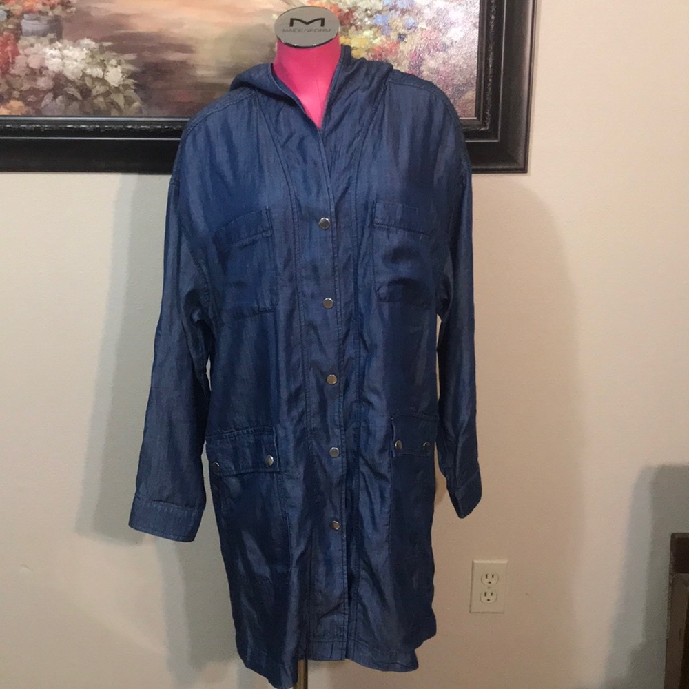 EXC! Catherine Malandrino Indigo Dress Sz Large Long Sleeve Button Hood Jacket